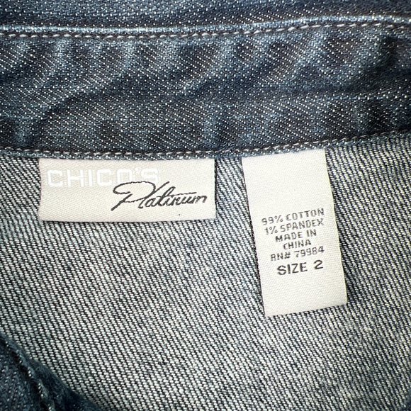 Chico's Denim Jeans Jacket Beading Dark Wash Button Front Short Sleeve Blue 2 - Picture 10 of 11
